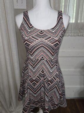 Sleeveless Geometric Skater Dress in Pink and Black